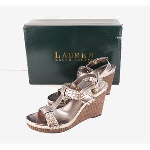 Lauren RALPH LAUREN Platform Wedge Sandal 8.5 Silver Metallic Woven Leather